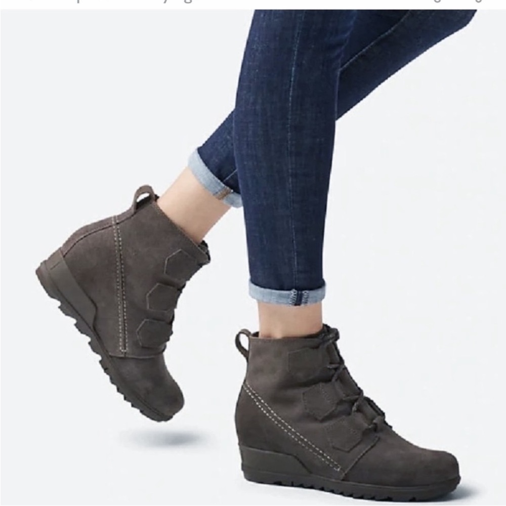 Sorel 9.5 Evie Lace Major Boot Grey Suede Wedge Heel Weatherproof Gorpcore B23B